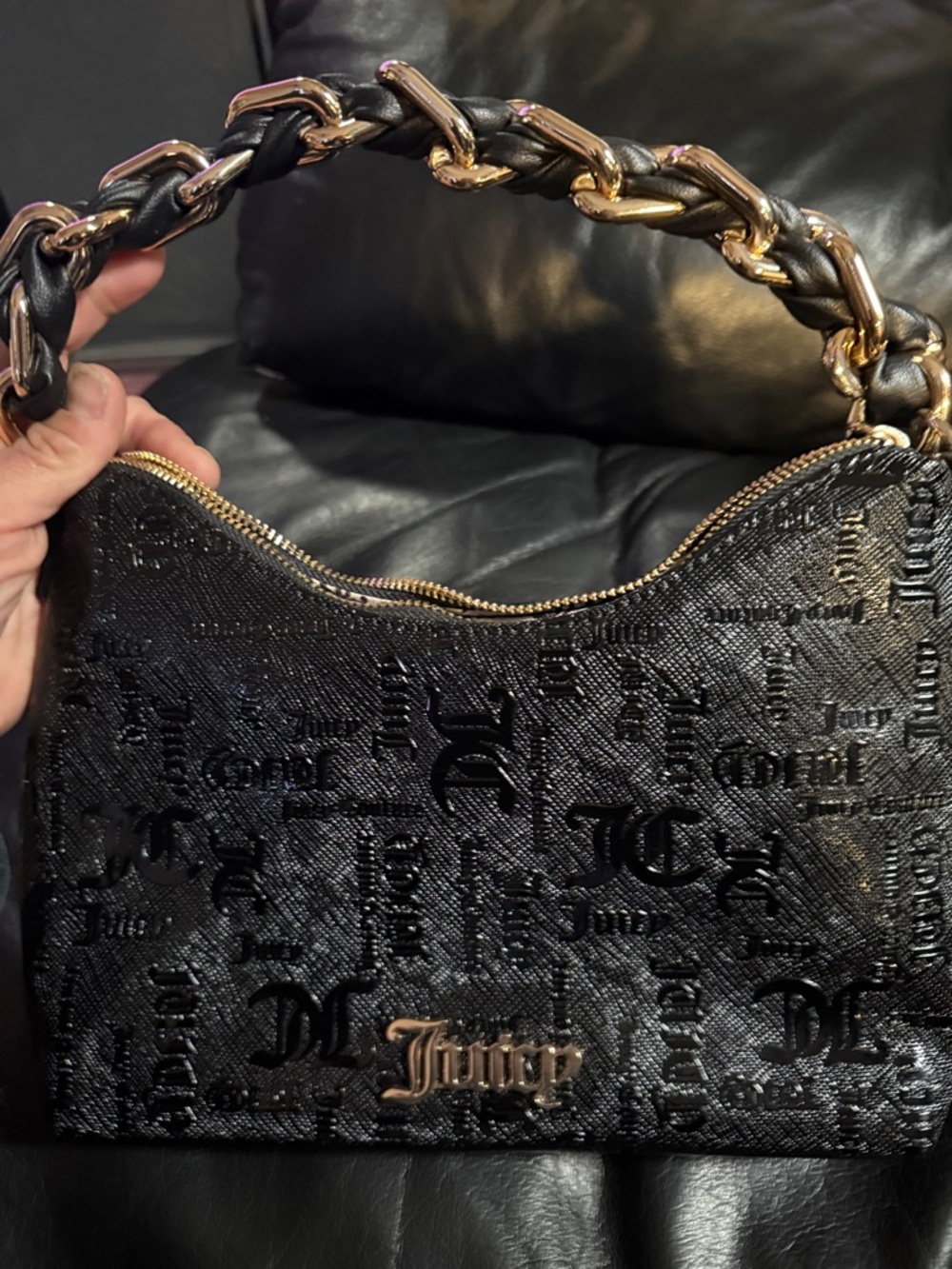 Juicy Couture Black Quilted Logo Shoulder Bag with Gold Chain Handle